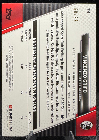 2021 - 22 Topps Bundesliga Blue Foil 74 Vincenzo Grifo 68/99 - 787 Hobby House