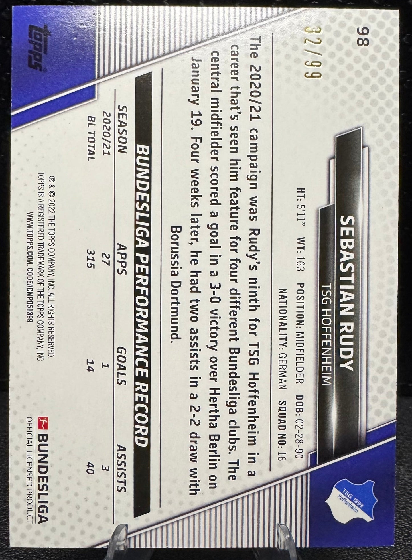2021 - 22 Topps Bundesliga Blue Foil 98 Sebastian Rudy 32/99 - 787 Hobby House
