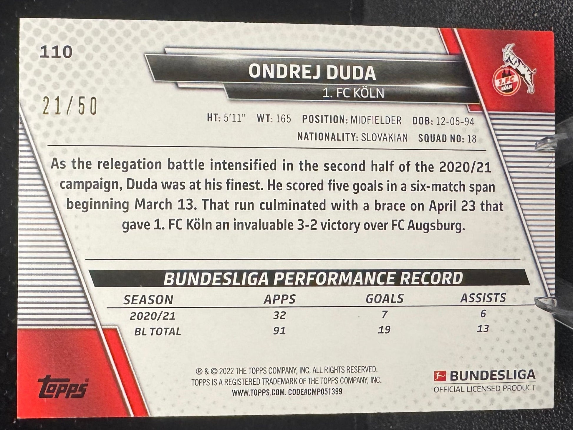 2021-22 Topps Bundesliga Gold Foil 110 Ondrej Duda 21/50 - 787 Hobby House
