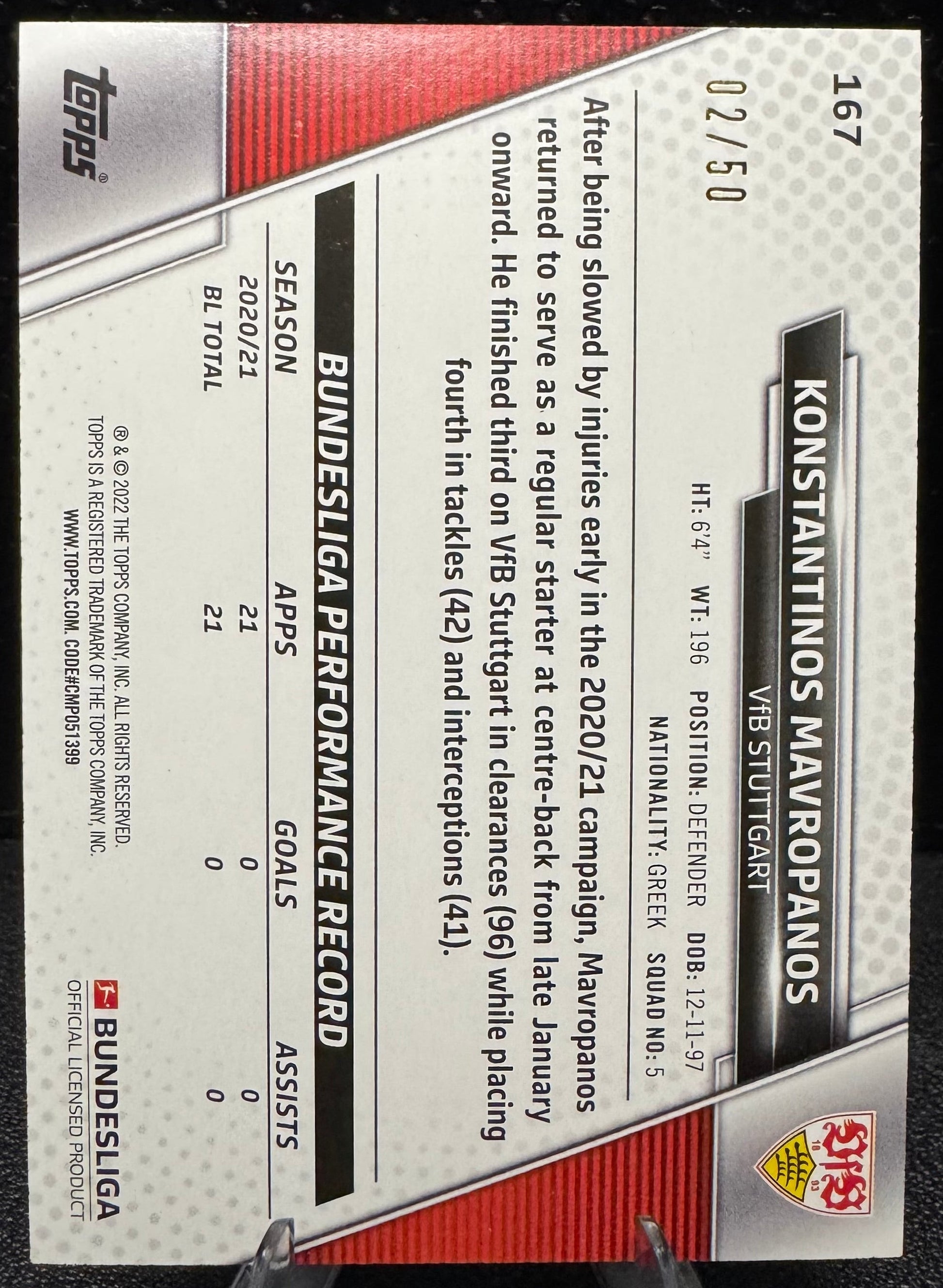 2021 - 22 Topps Bundesliga Gold Foil 167 Konstantinos Mavropanos RC 2/50 - 787 Hobby House