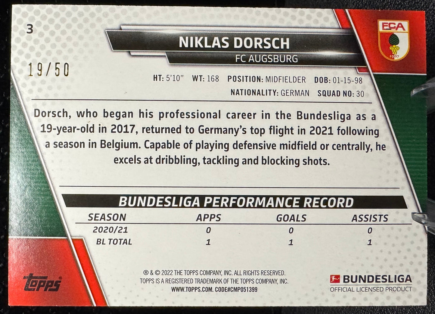 2021 - 22 Topps Bundesliga Gold Foil 3 Niklas Dorsch RC 19/50 - 787 Hobby House