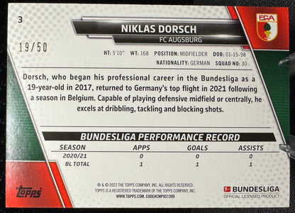 2021 - 22 Topps Bundesliga Gold Foil 3 Niklas Dorsch RC 19/50 - 787 Hobby House