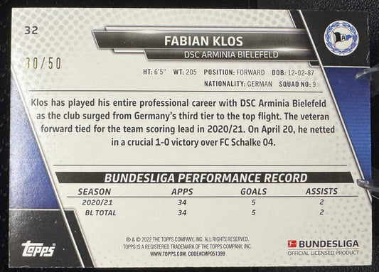 2021-22 Topps Bundesliga Gold Foil 32 Fabian Klos 30/50 - 787 Hobby House
