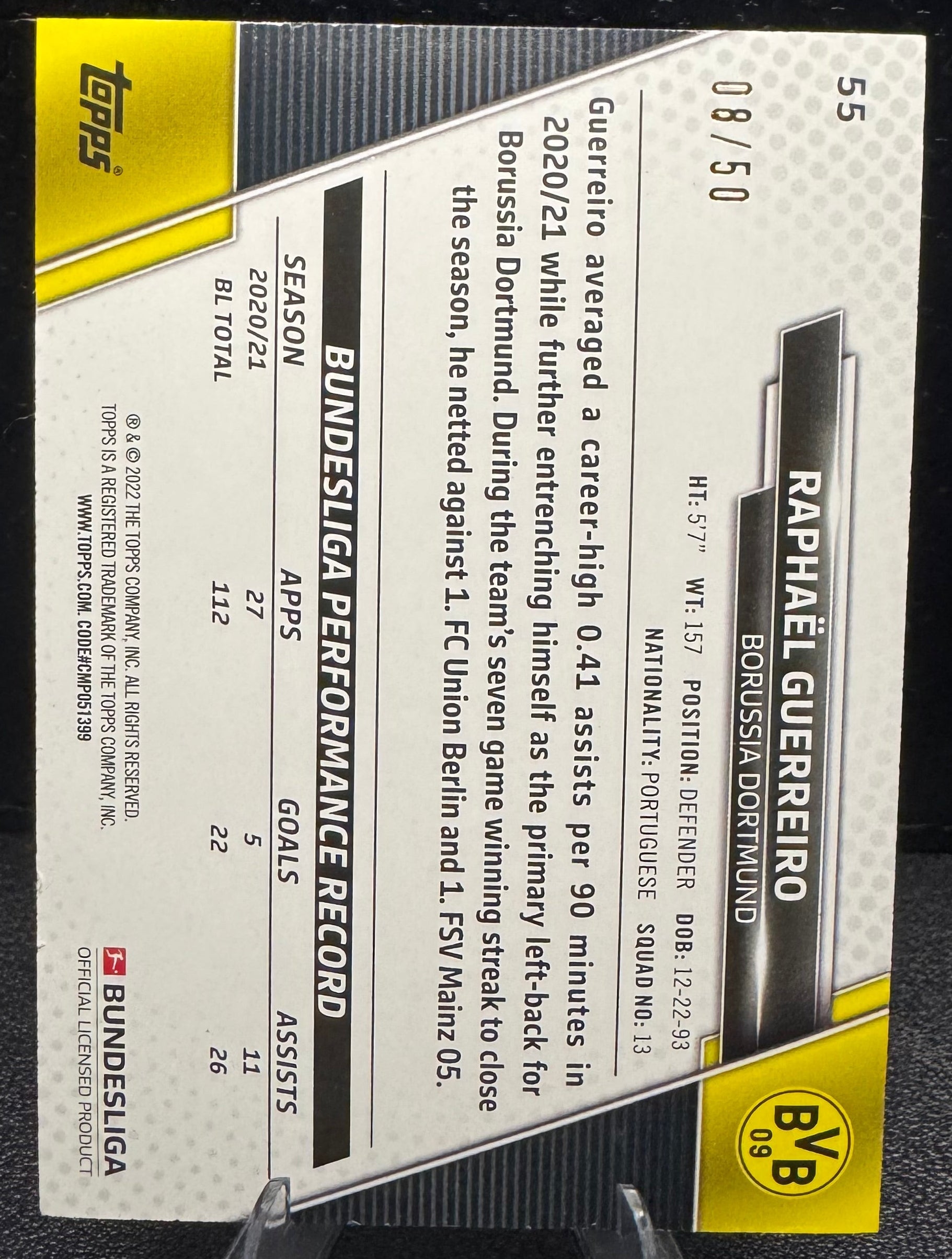 2021 - 22 Topps Bundesliga Gold Foil 55 Raphael Guerreiro 8/50 - 787 Hobby House