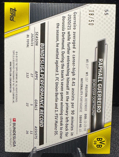 2021 - 22 Topps Bundesliga Gold Foil 55 Raphael Guerreiro 8/50 - 787 Hobby House