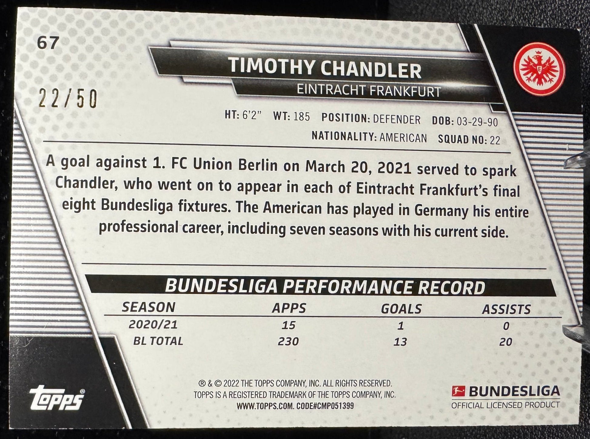 2021 - 22 Topps Bundesliga Gold Foil 67 Timothy Chandler 22/50 - 787 Hobby House