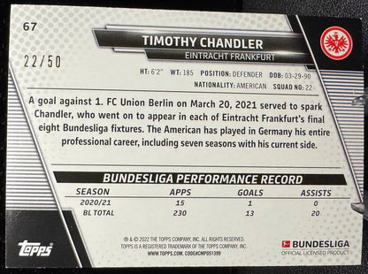 2021 - 22 Topps Bundesliga Gold Foil 67 Timothy Chandler 22/50 - 787 Hobby House