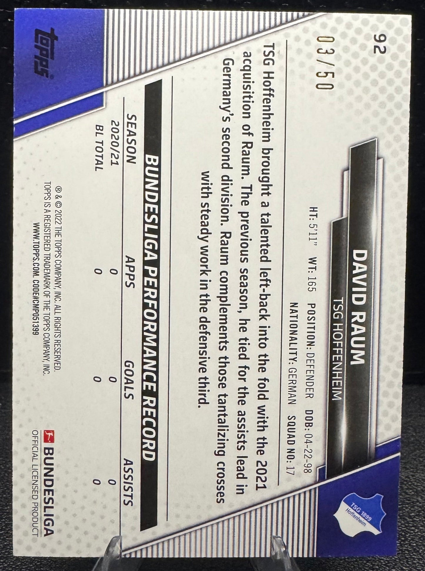 2021 - 22 Topps Bundesliga Gold Foil 92 David Raum RC 3/50 - 787 Hobby House