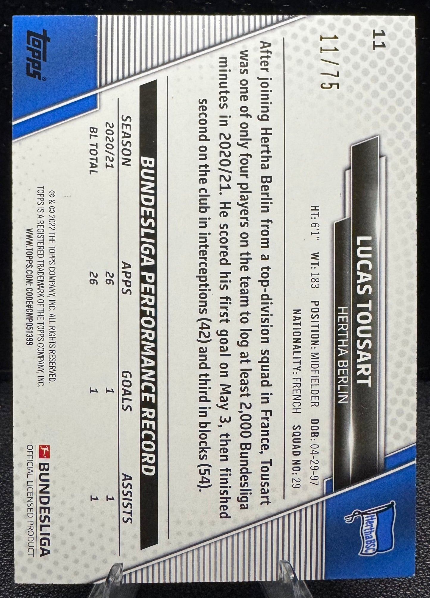 2021 - 22 Topps Bundesliga Silver Foil 11 Lucas Tousart 11/75 - 787 Hobby House