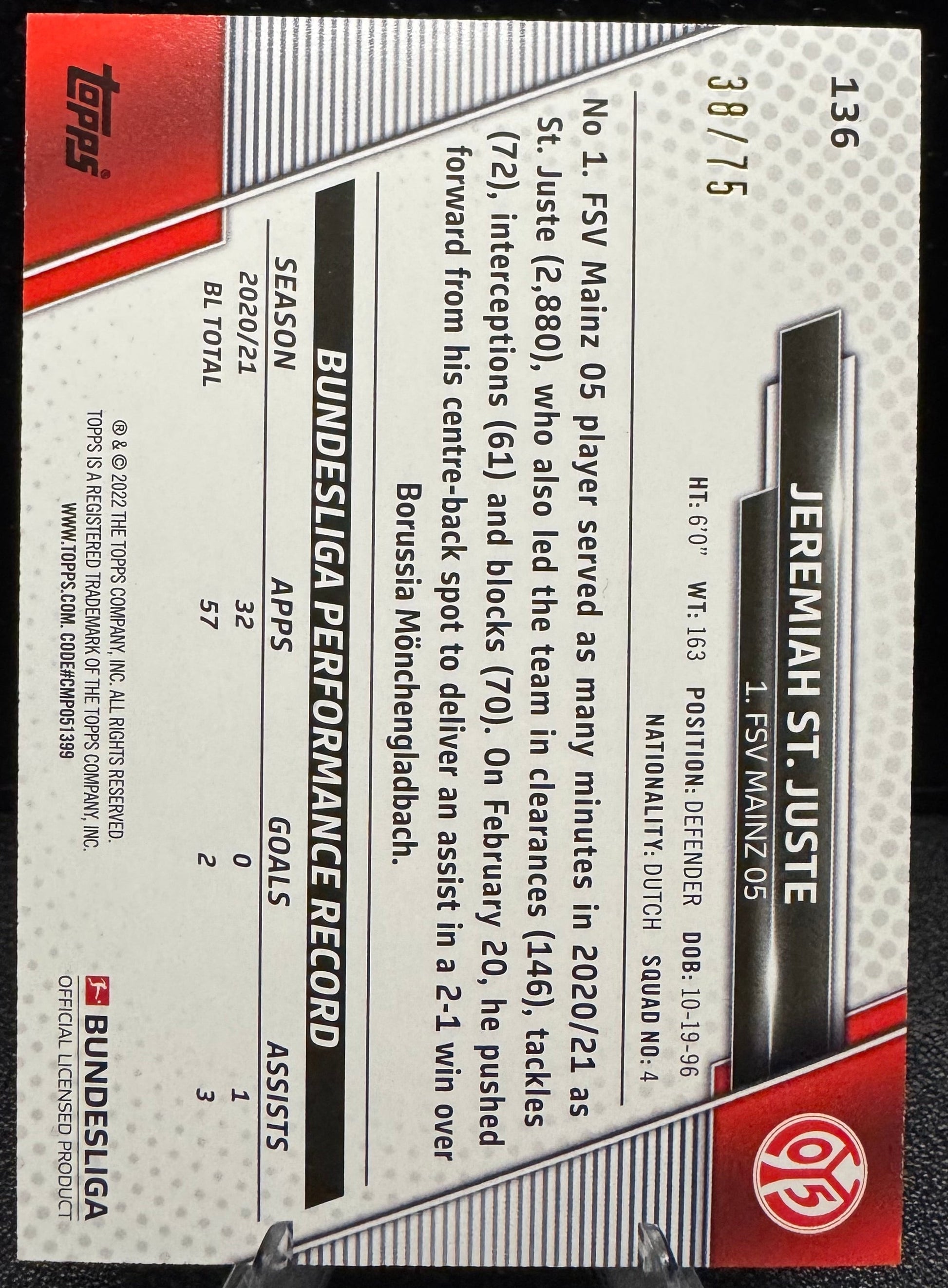 2021 - 22 Topps Bundesliga Silver Foil 136 Jeremiah St. Juste 38/75 - 787 Hobby House