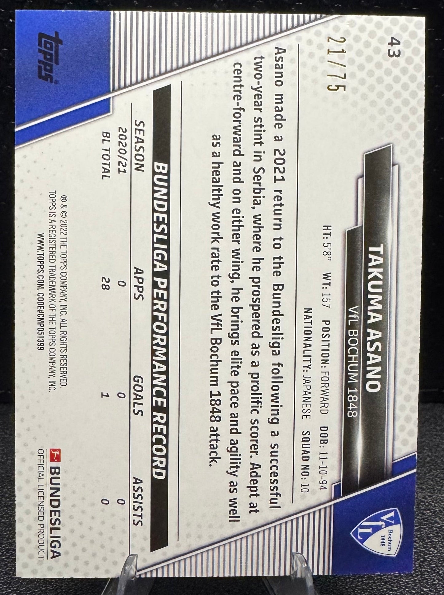 2021 - 22 Topps Bundesliga Silver Foil 43 Takuma Asano 21/75 - 787 Hobby House