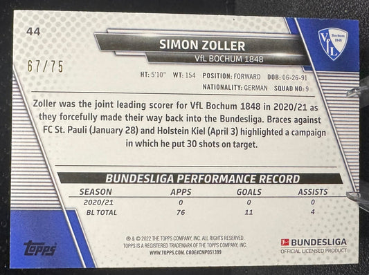 2021-22 Topps Bundesliga Silver Foil 44 Simon Zoller 67/75 - 787 Hobby House
