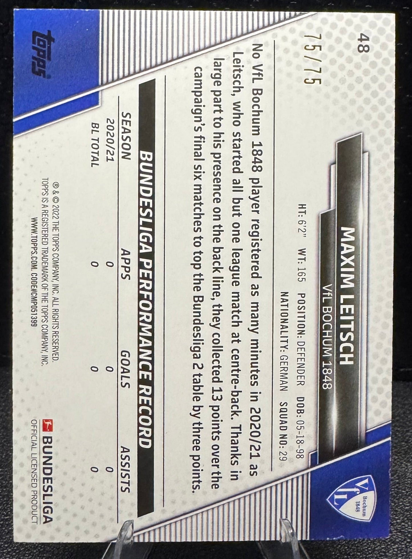 2021 - 22 Topps Bundesliga Silver Foil 48 Maxim Leitsch 75/75 - 787 Hobby House