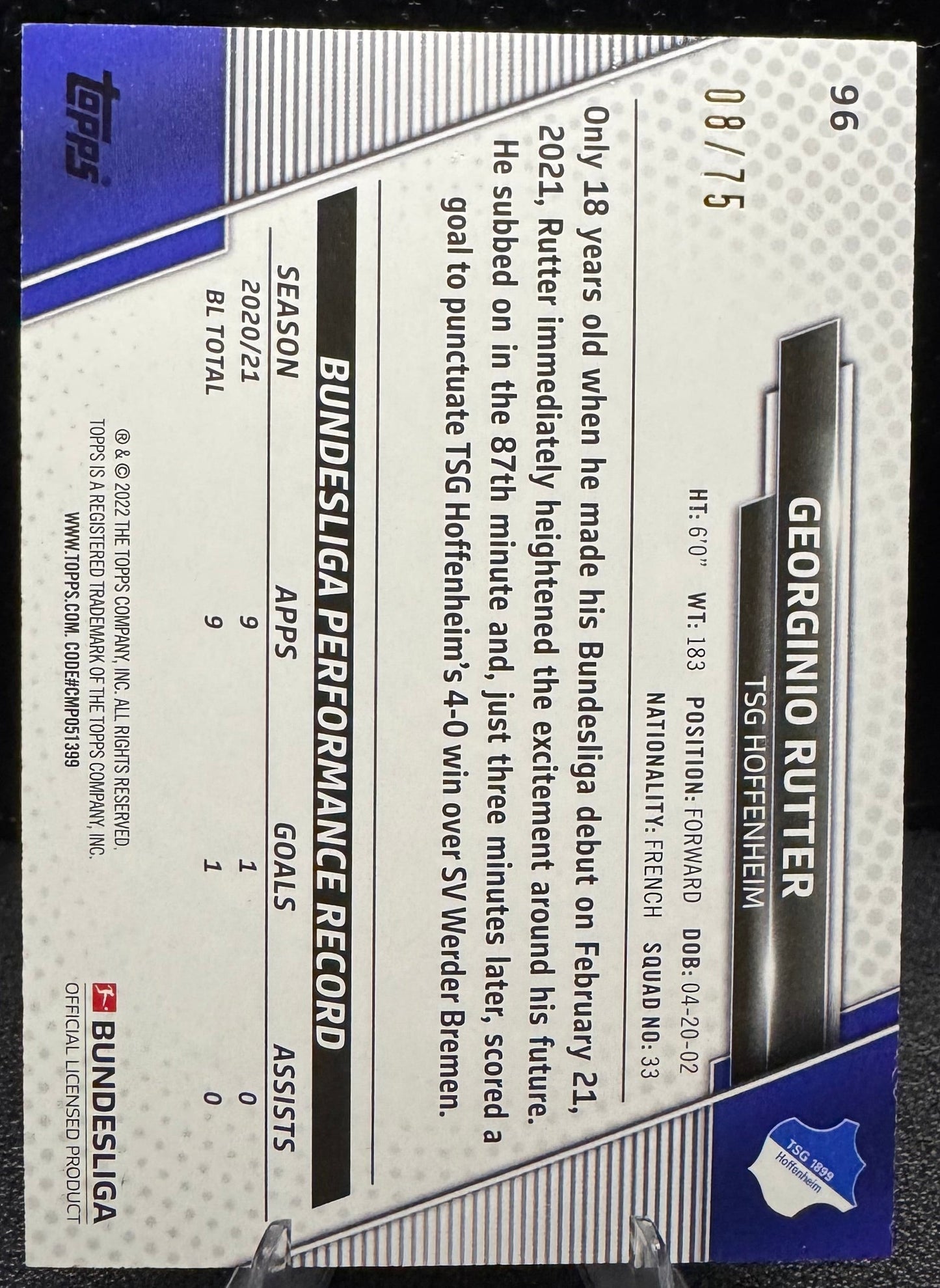 2021 - 22 Topps Bundesliga Silver Foil 96 Georginio Rutter RC 8/75 - 787 Hobby House