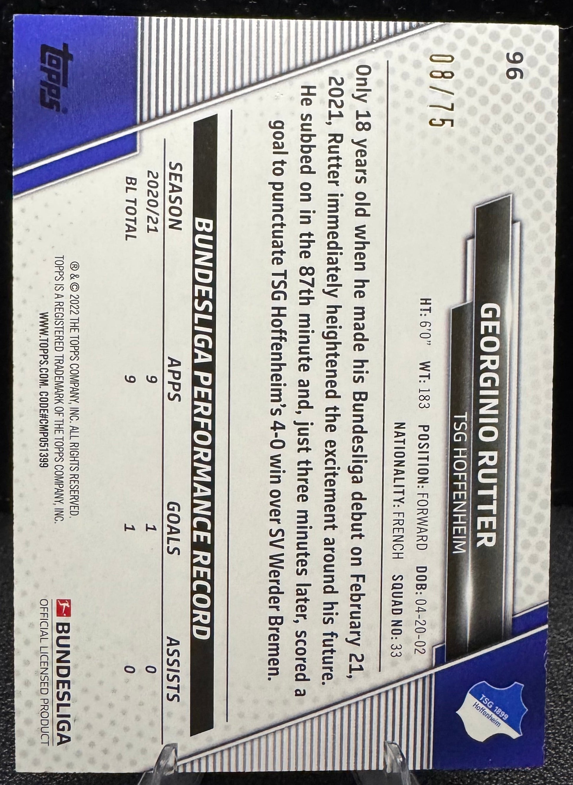 2021 - 22 Topps Bundesliga Silver Foil 96 Georginio Rutter RC 8/75 - 787 Hobby House