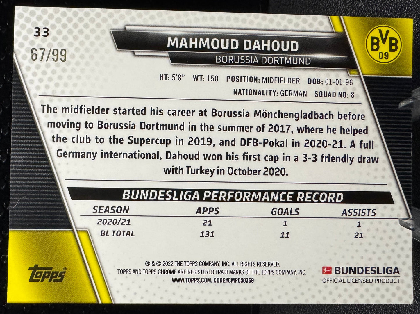 2021 - 22 Topps Chrome Bundesliga Green Wave Refractors 33 Mahmoud Dahoud 67/99 - 787 Hobby House