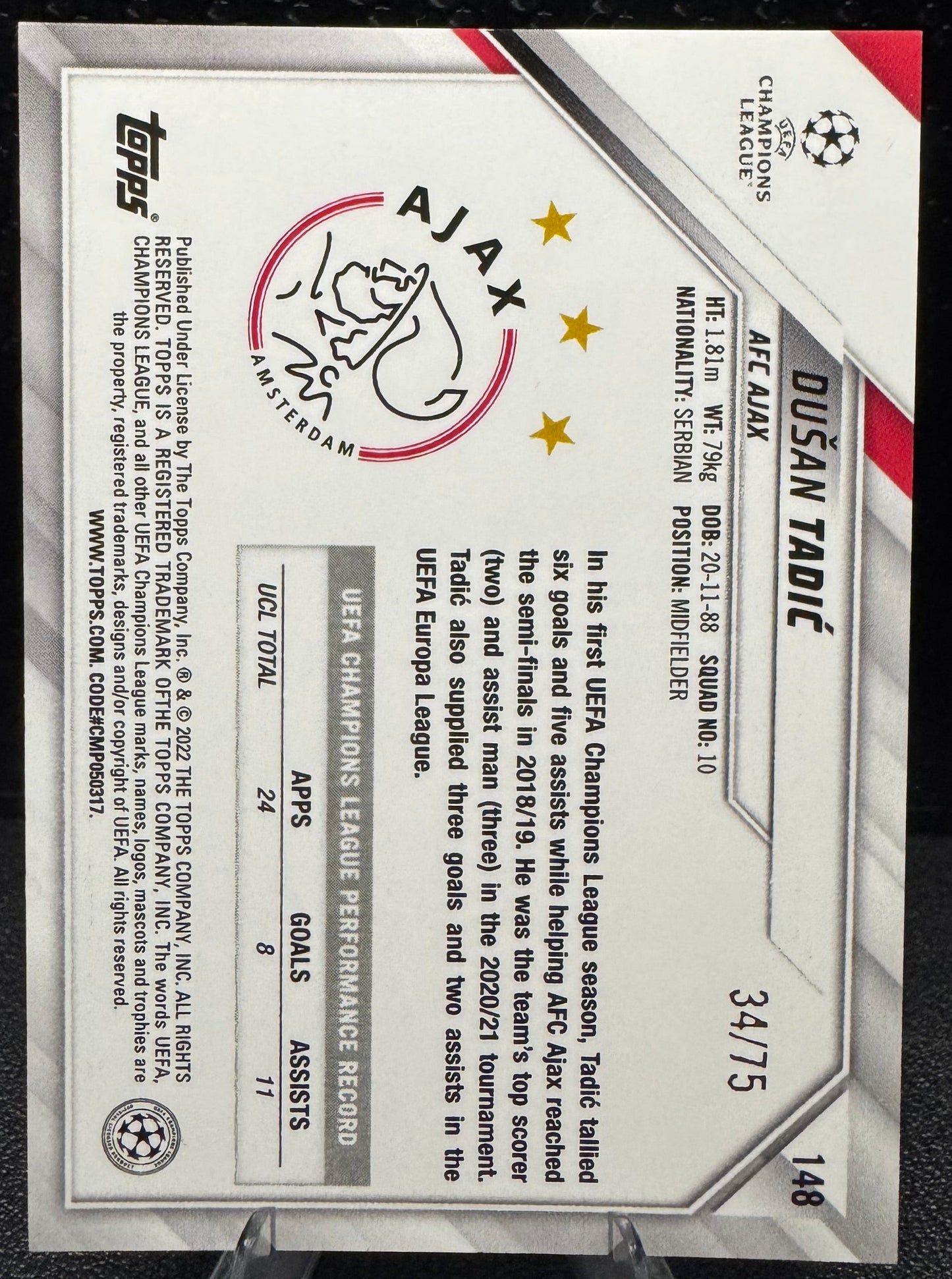 2021 - 22 Topps Chrome Sapphire UEFA Champions League Green 148 Dusan Tadic 34/75 - 787 Hobby House