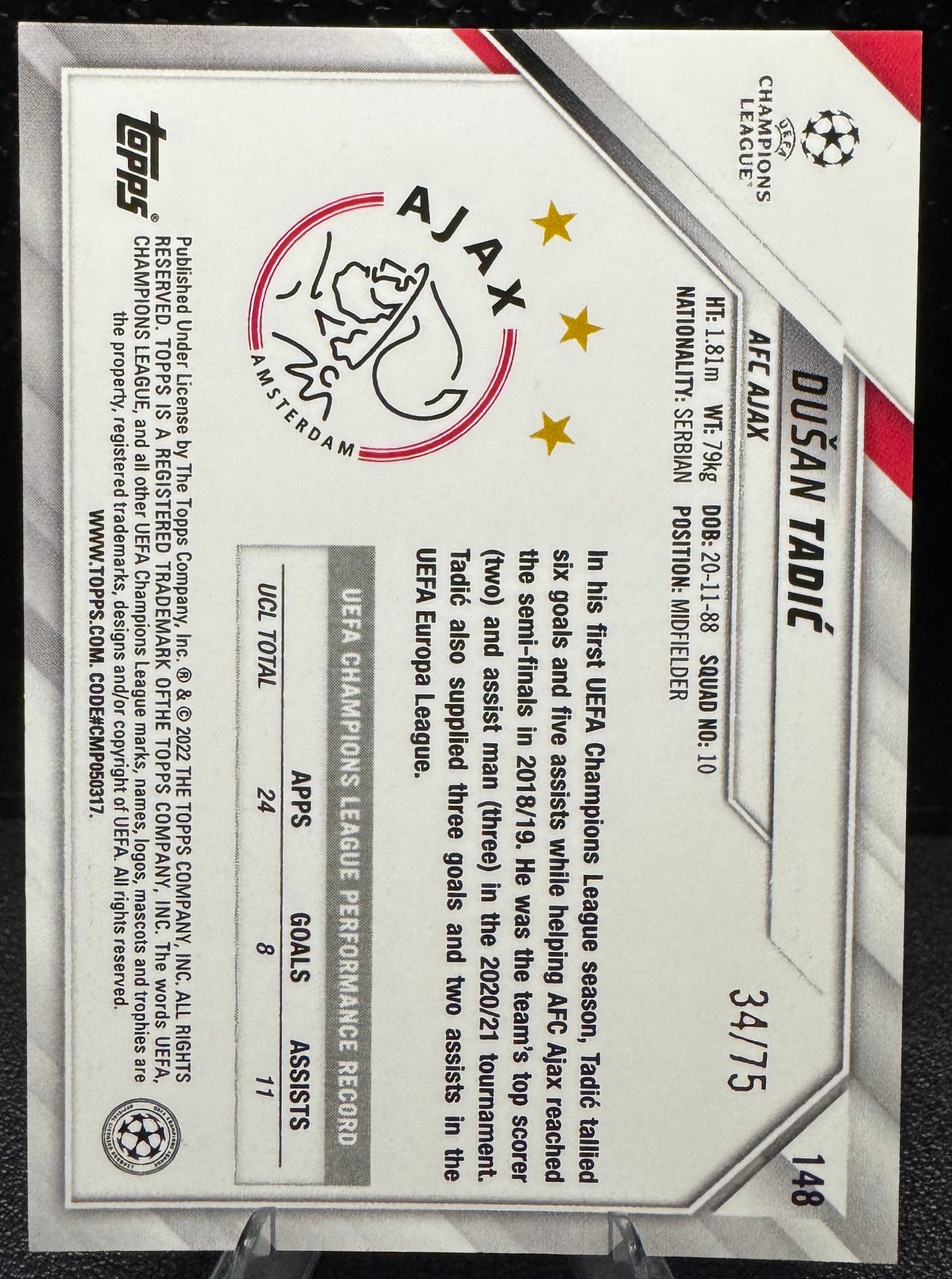 2021 - 22 Topps Chrome Sapphire UEFA Champions League Green 148 Dusan Tadic 34/75 - 787 Hobby House