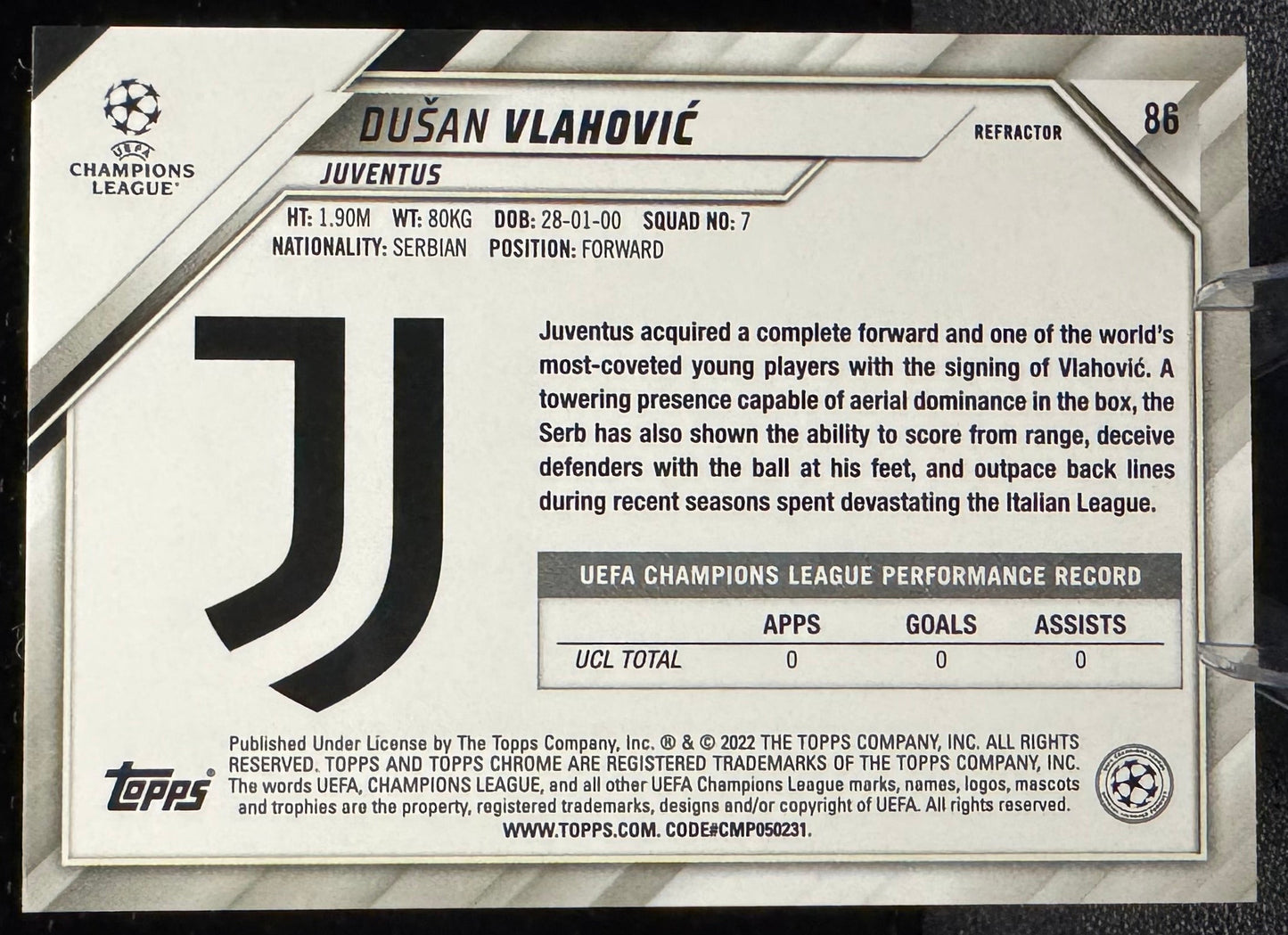 2021 - 22 Topps Chrome UEFA Champions League Refractors 86 Dusan Vlahovic - 787 Hobby House