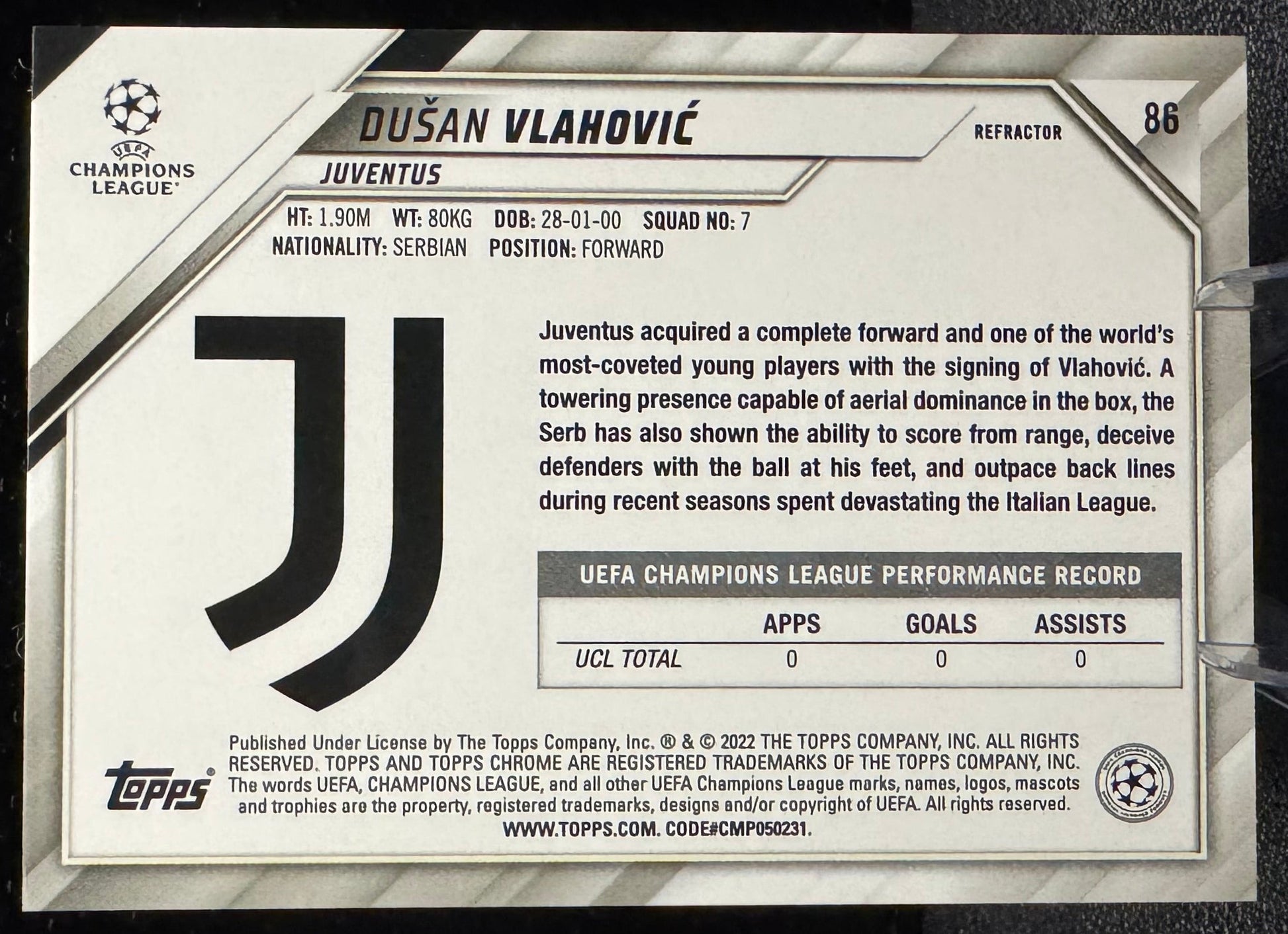 2021 - 22 Topps Chrome UEFA Champions League Refractors 86 Dusan Vlahovic - 787 Hobby House