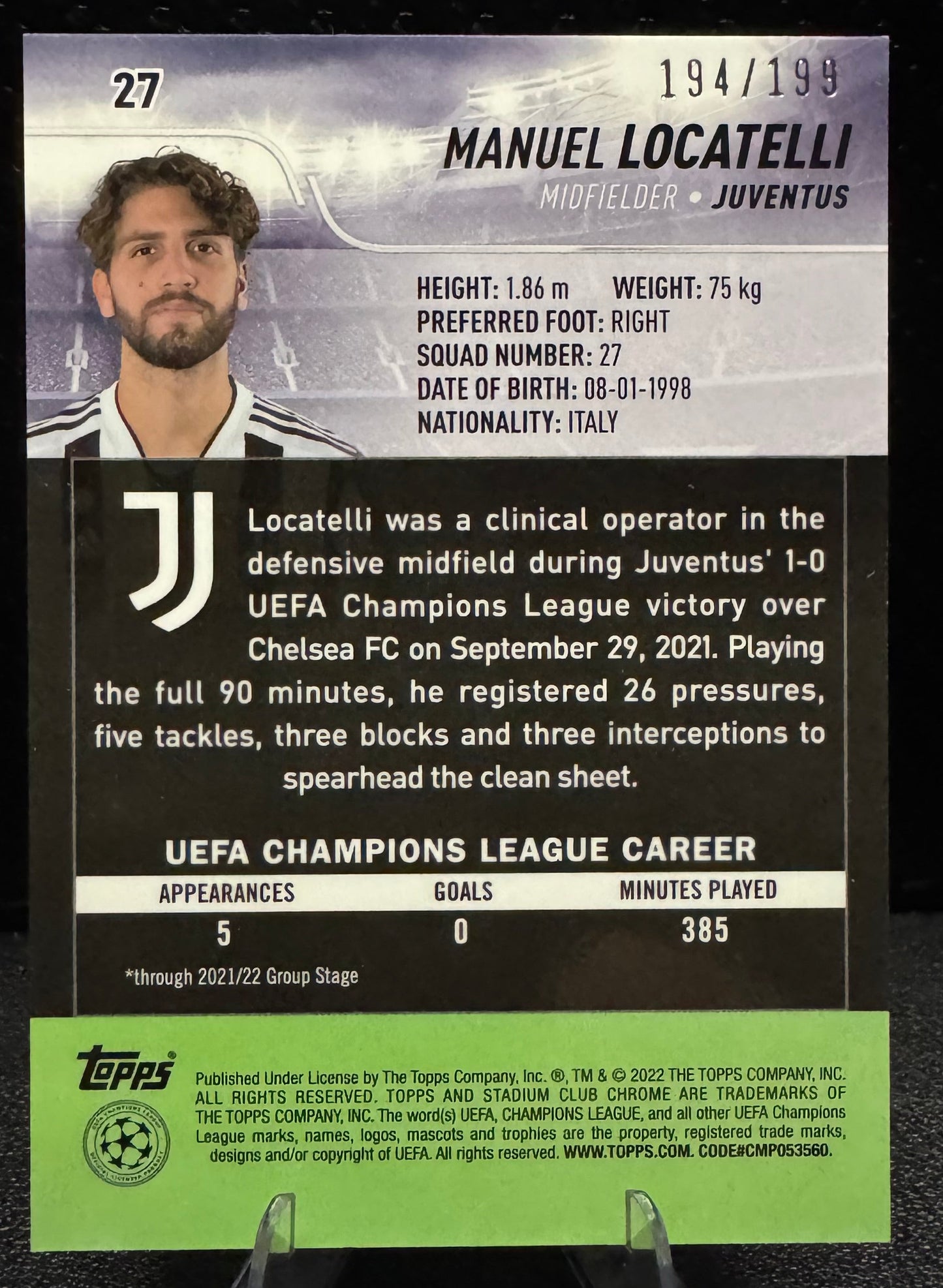 2021-22 Stadium Club Chrome UEFA Champions League Aqua Green Electric Charge #27 Manuel Locatelli 194/199