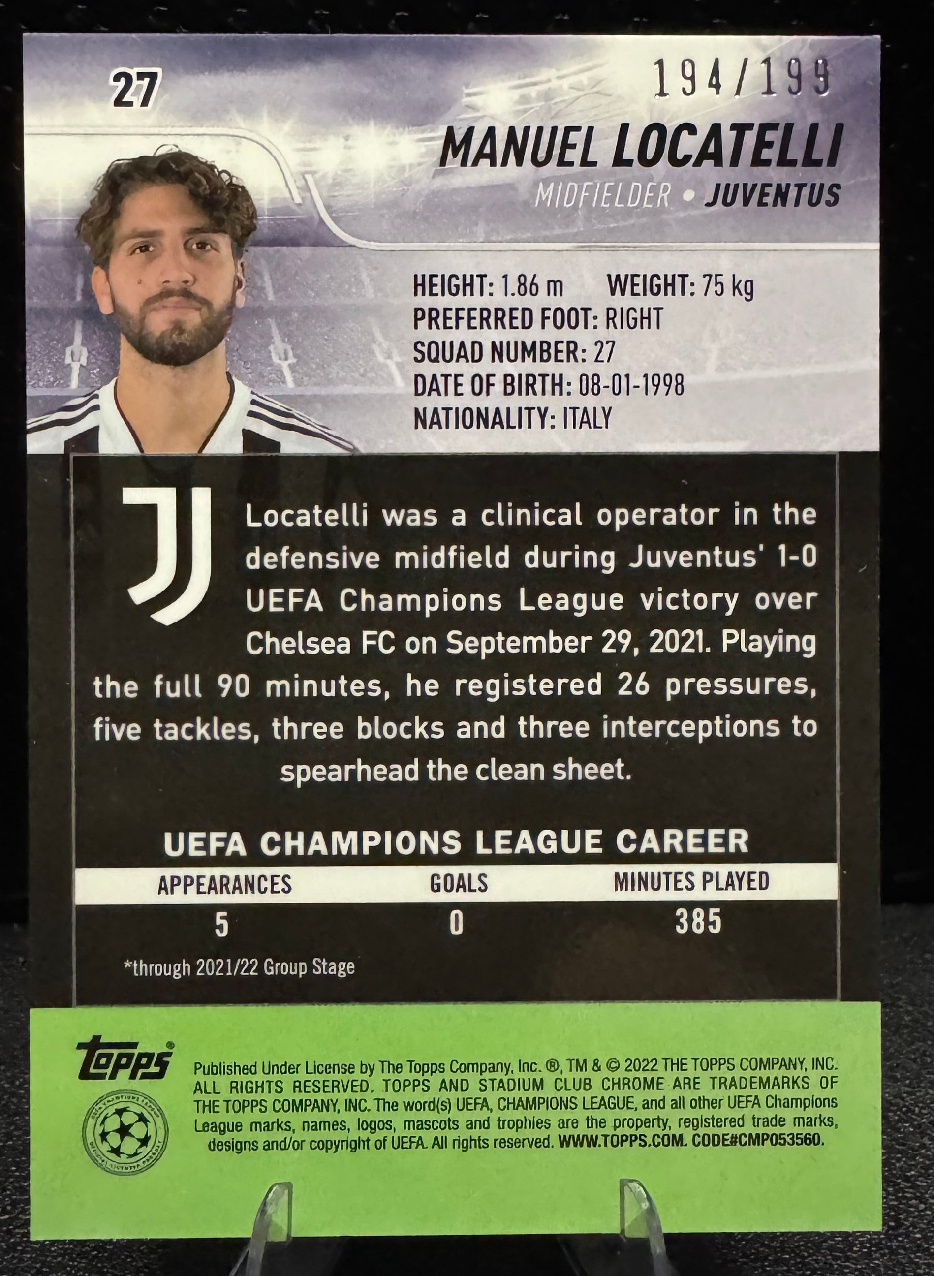 2021-22 Stadium Club Chrome UEFA Champions League Aqua Green Electric Charge #27 Manuel Locatelli 194/199