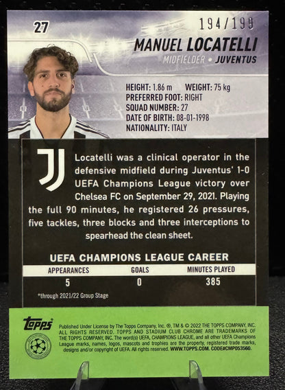 2021-22 Stadium Club Chrome UEFA Champions League Aqua Green Electric Charge #27 Manuel Locatelli 194/199