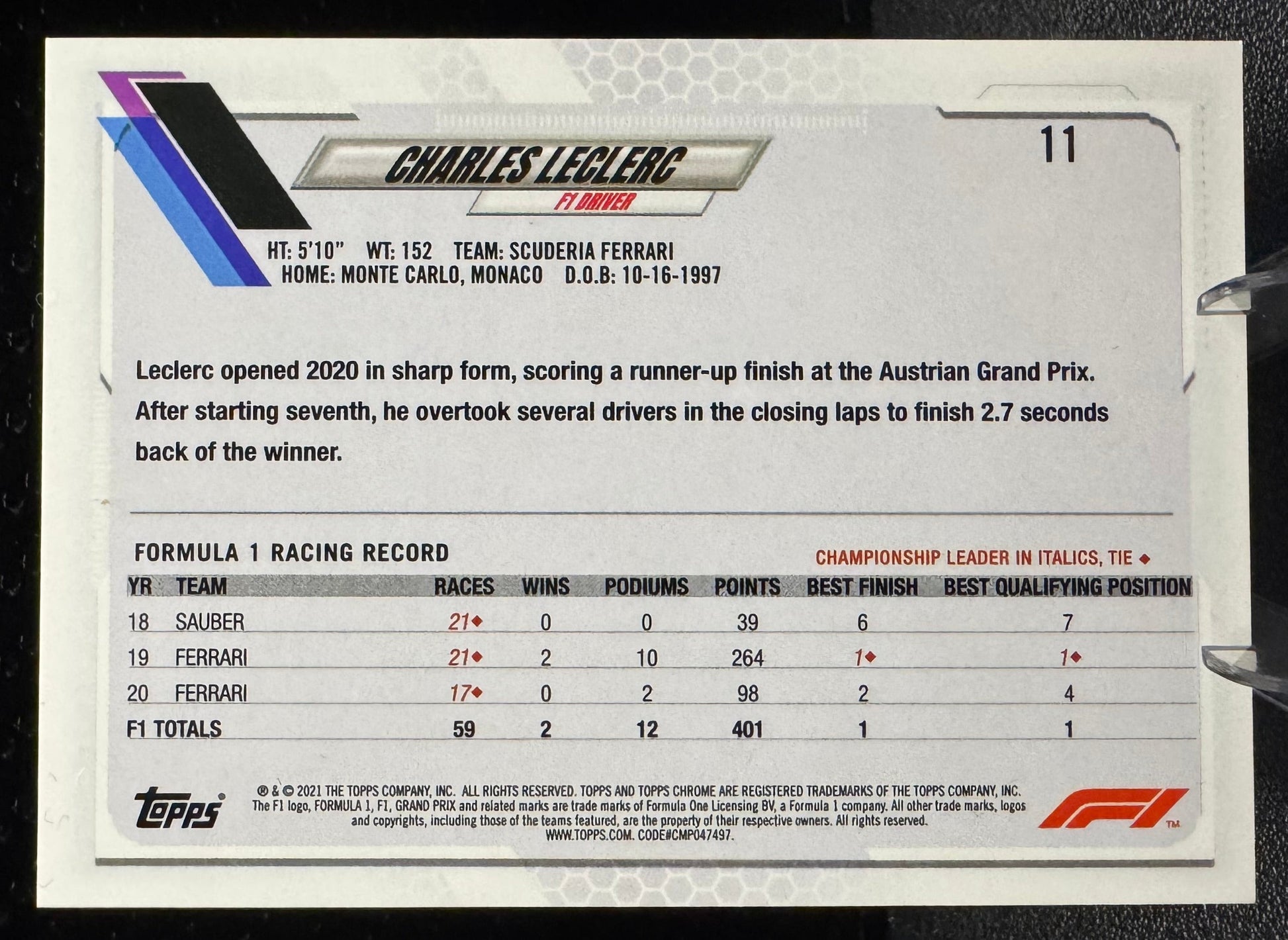 2021 Topps Chrome Formula 1 11 Charles Leclerc Scuderia Ferrari - 787 Hobby House
