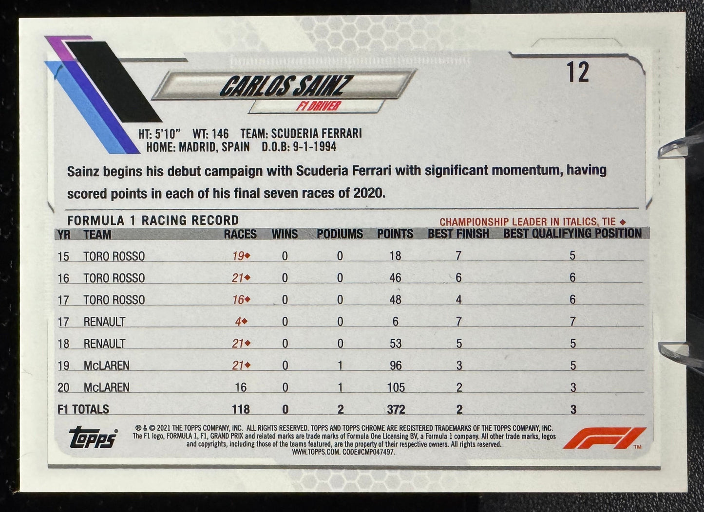 2021 Topps Chrome Formula 1 12 Carlos Sainz Scuderia Ferrari - 787 Hobby House