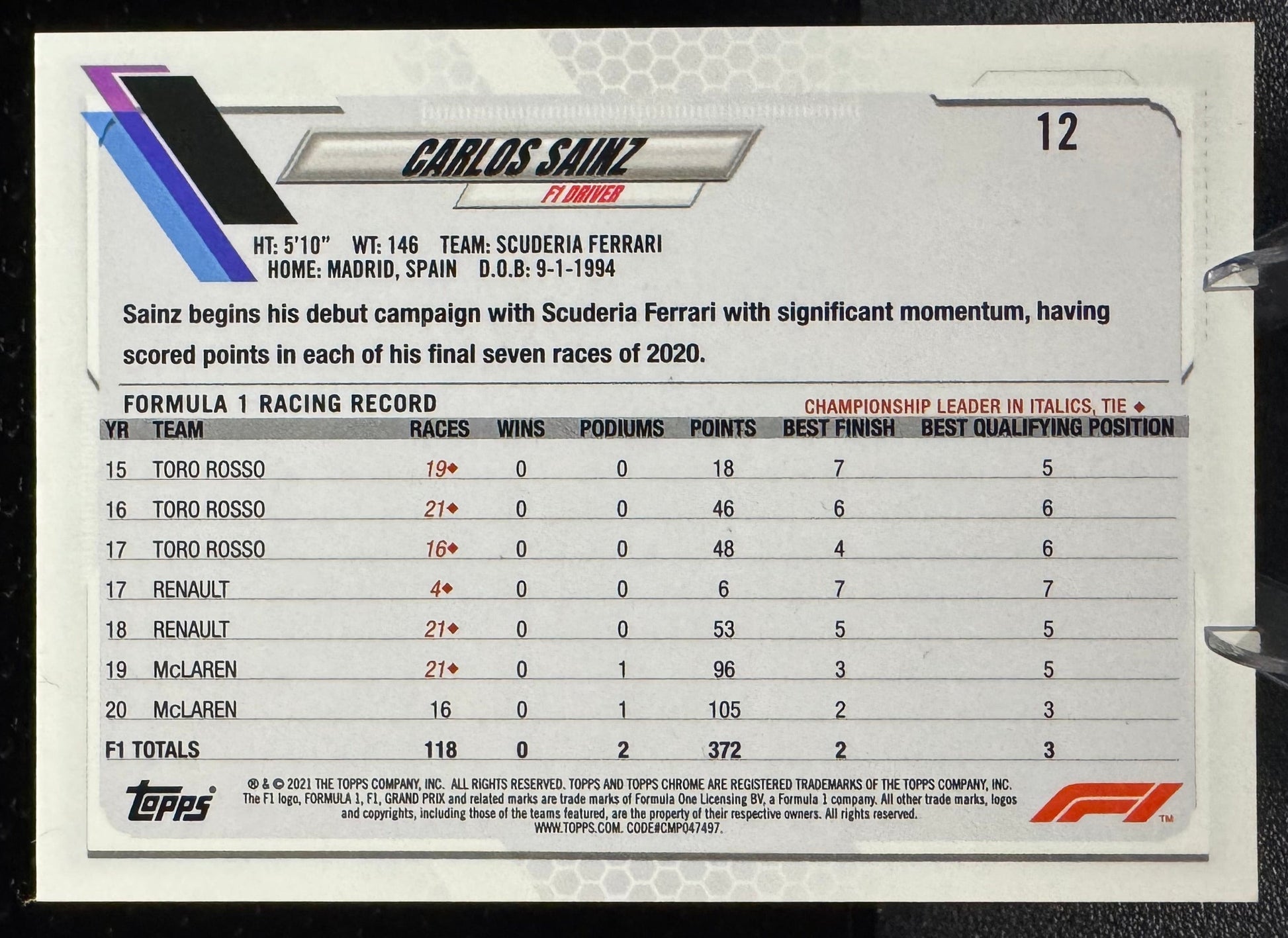 2021 Topps Chrome Formula 1 12 Carlos Sainz Scuderia Ferrari - 787 Hobby House