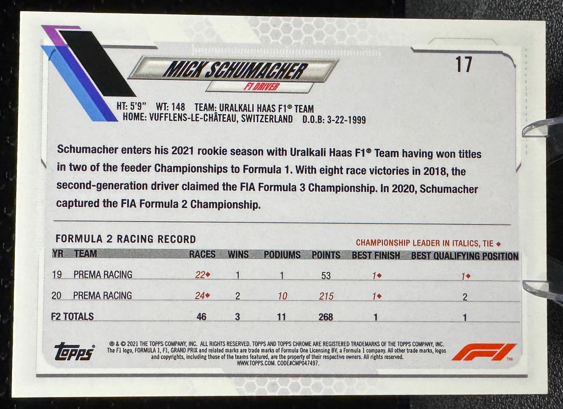 2021 Topps Chrome Formula 1 17 Mick Schumacher RC Uralkali Haas - 787 Hobby House