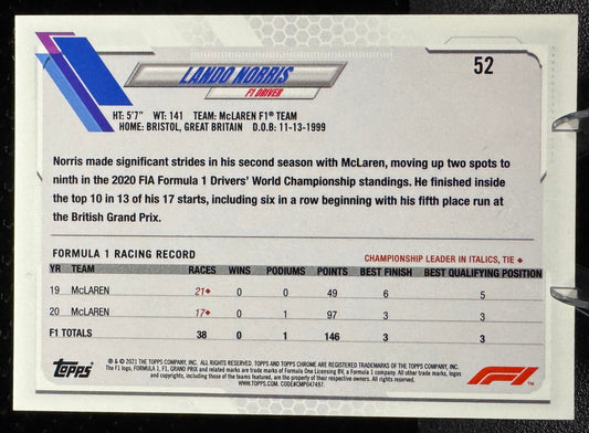 2021 Topps Chrome Formula 1 52 Lando Norris McLaren - 787 Hobby House