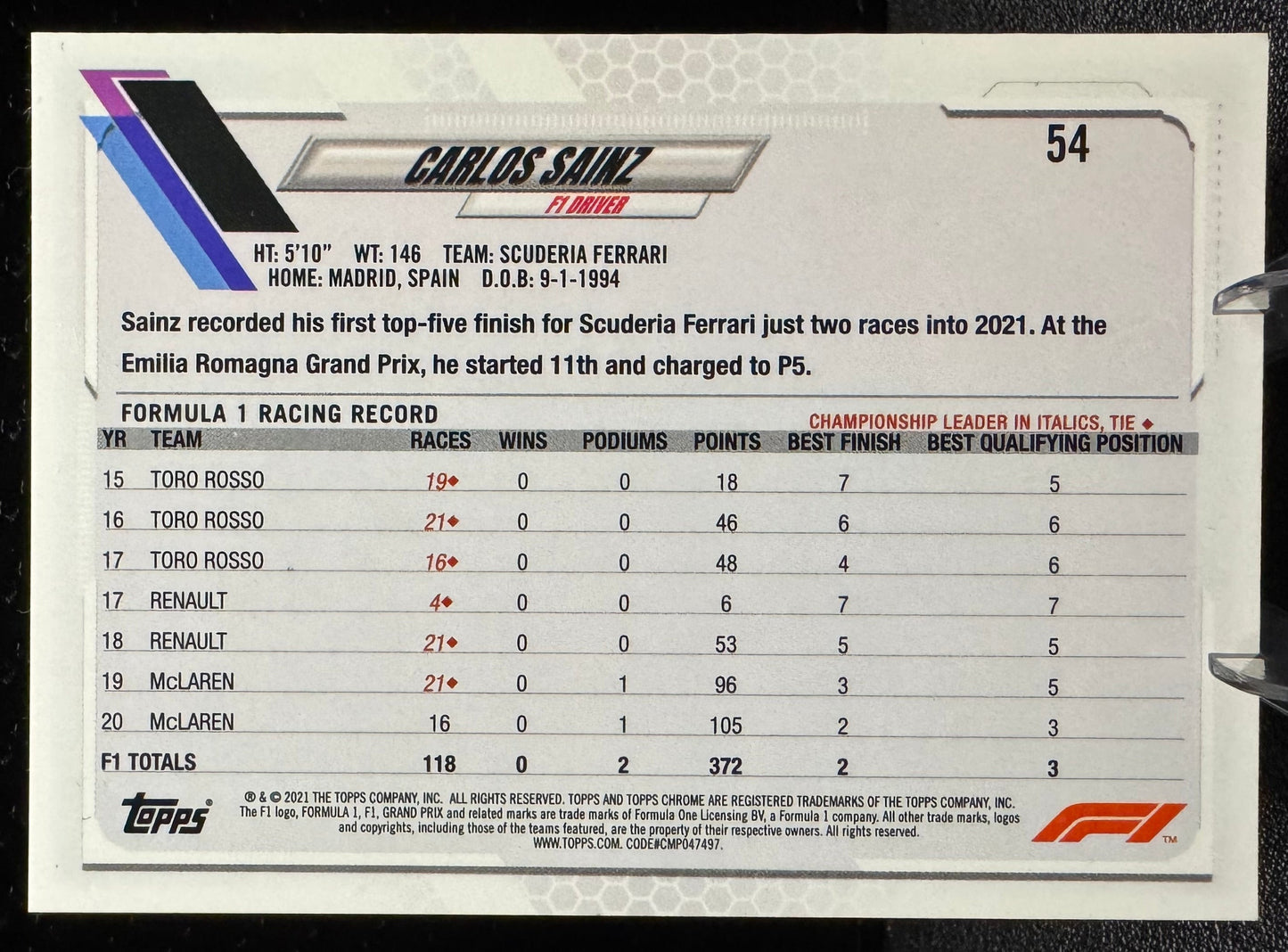 2021 Topps Chrome Formula 1 54 Carlos Sainz Scuderia Ferrari - 787 Hobby House