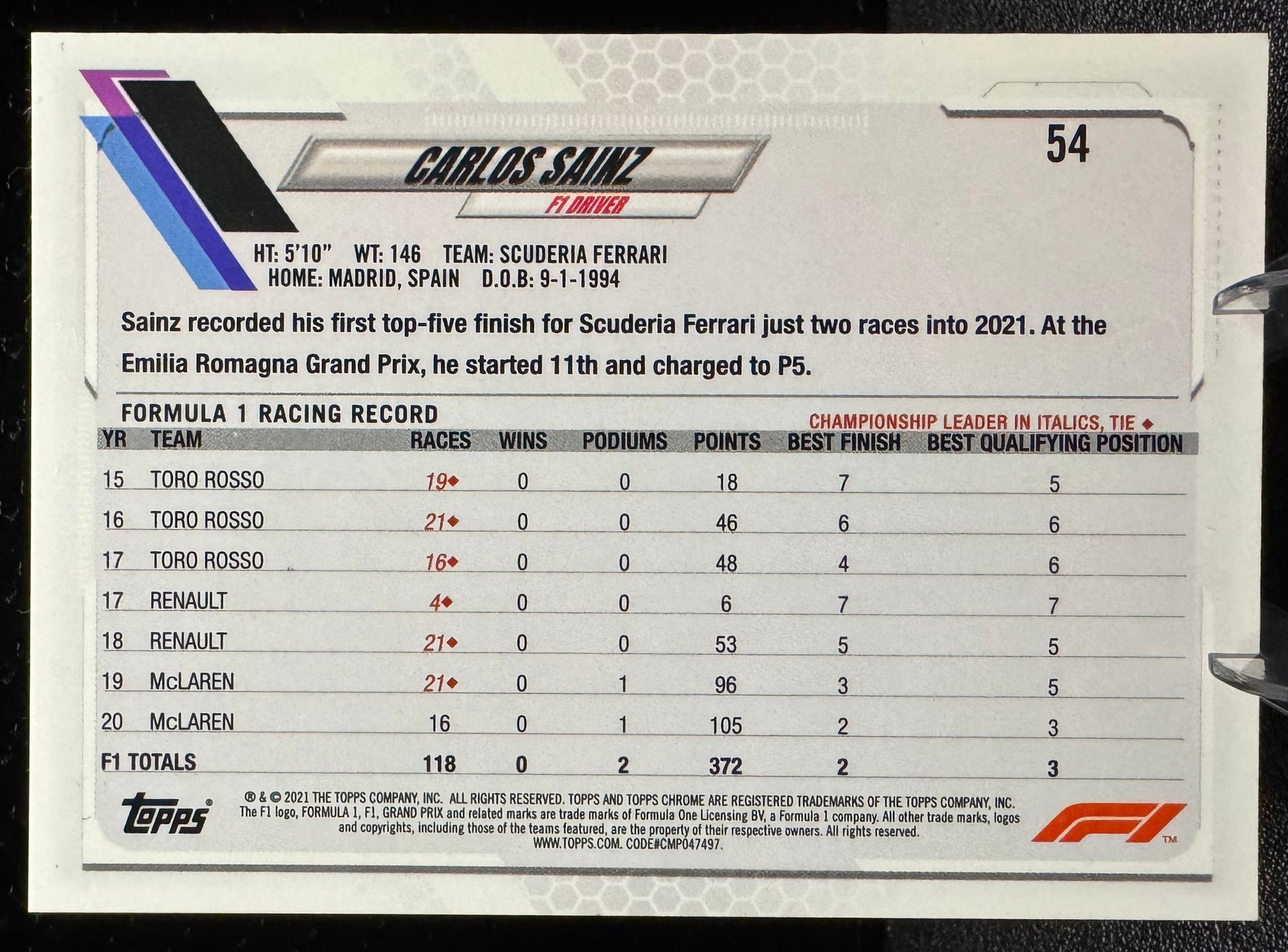 2021 Topps Chrome Formula 1 54 Carlos Sainz Scuderia Ferrari - 787 Hobby House