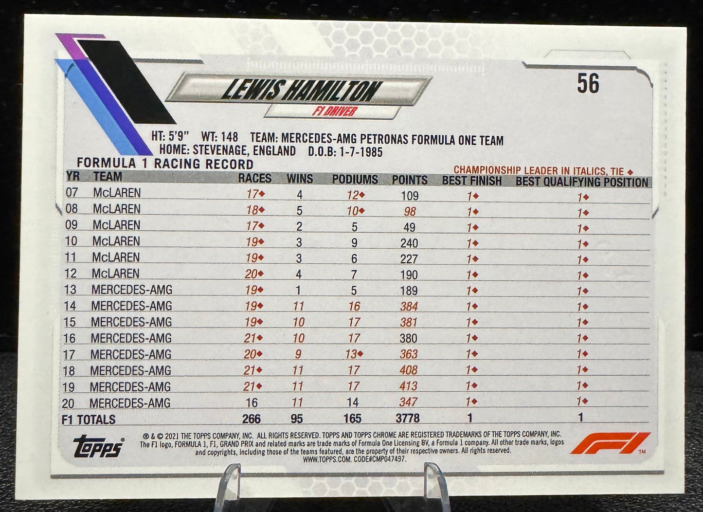 2021 Topps Chrome Formula 1 56 Lewis Hamilton Mercedes AMG - 787 Hobby House