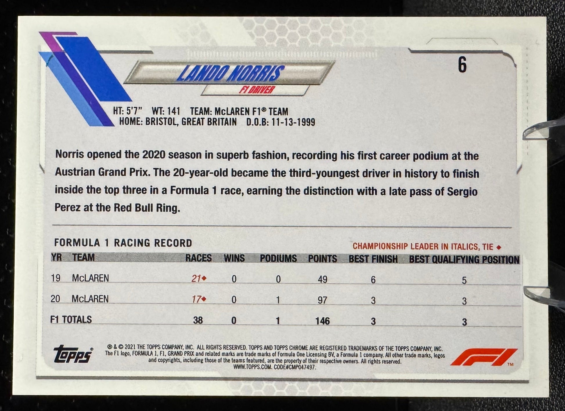 2021 Topps Chrome Formula 1 6 Lando Norris McLaren - 787 Hobby House