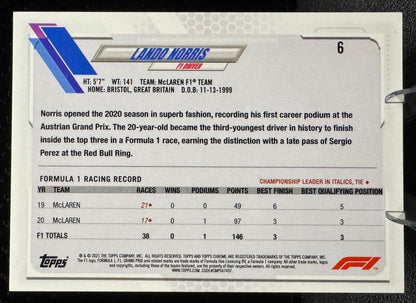 2021 Topps Chrome Formula 1 6 Lando Norris McLaren - 787 Hobby House