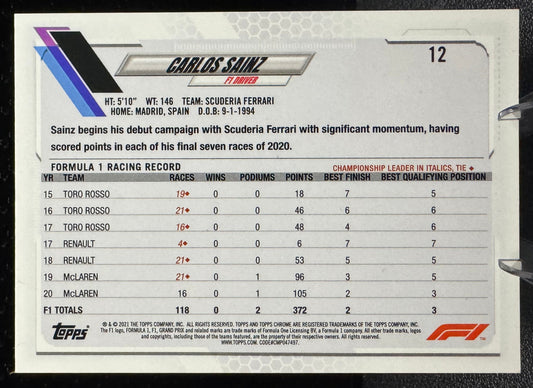 2021 Topps Chrome Formula 1 #12 Carlos Sainz Scuderia Ferrari