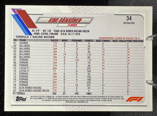 2021 Topps Chrome Formula 1 Refractors #34 Kimi Raikkonen Alfa Romeo Racing Orlen