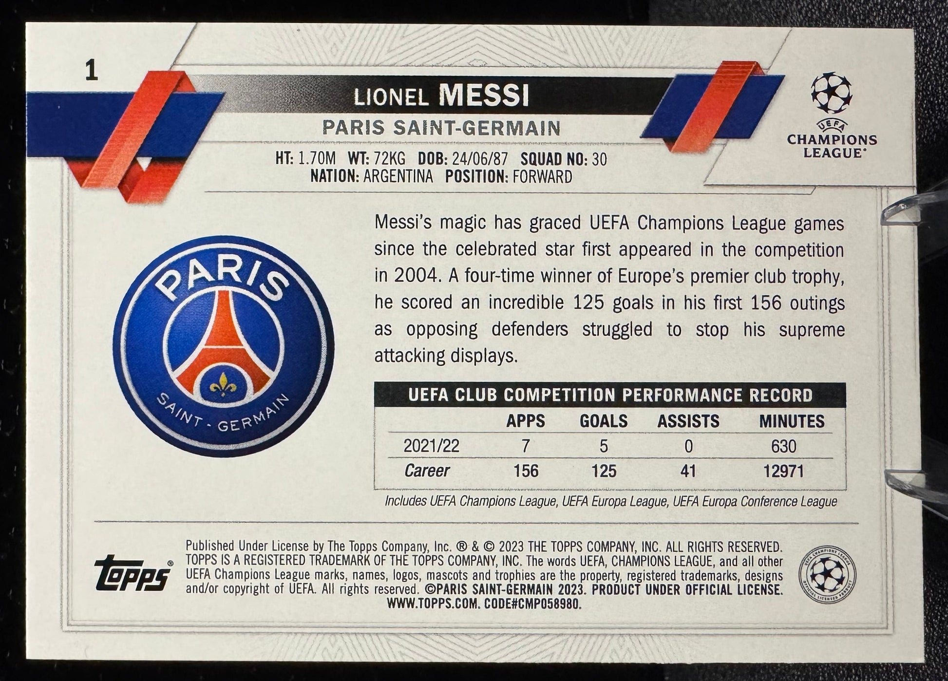 2022 - 23 Topps UEFA Club Competitions Carnaval 1 Lionel Messi Paris Saint Germain - 787 Hobby House