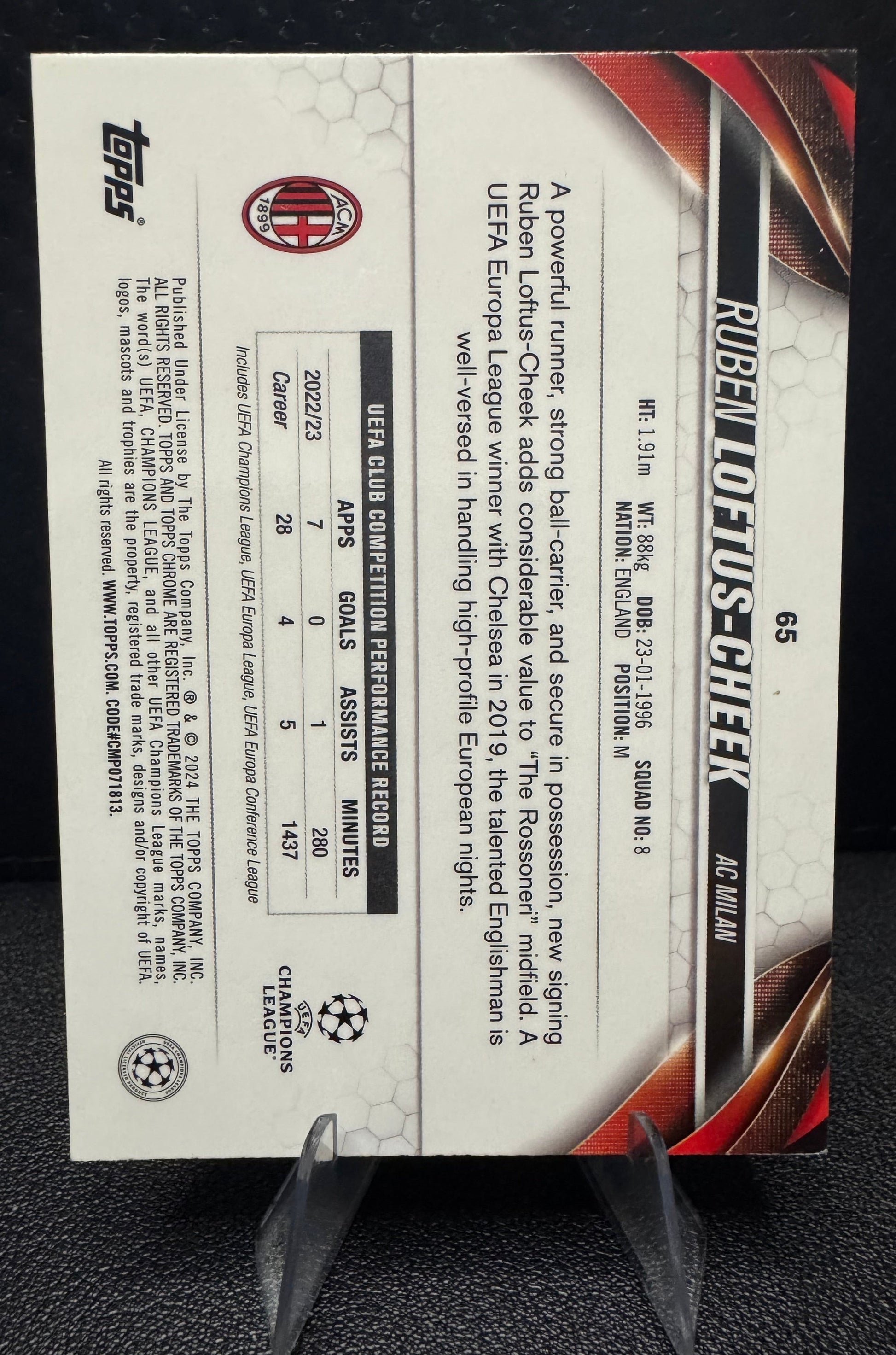 2023 - 24 Topps Chrome UEFA 65 Ruben Loftus - Cheek Aqua Wave Refractor 179/199 AC Milan - 787 Hobby House