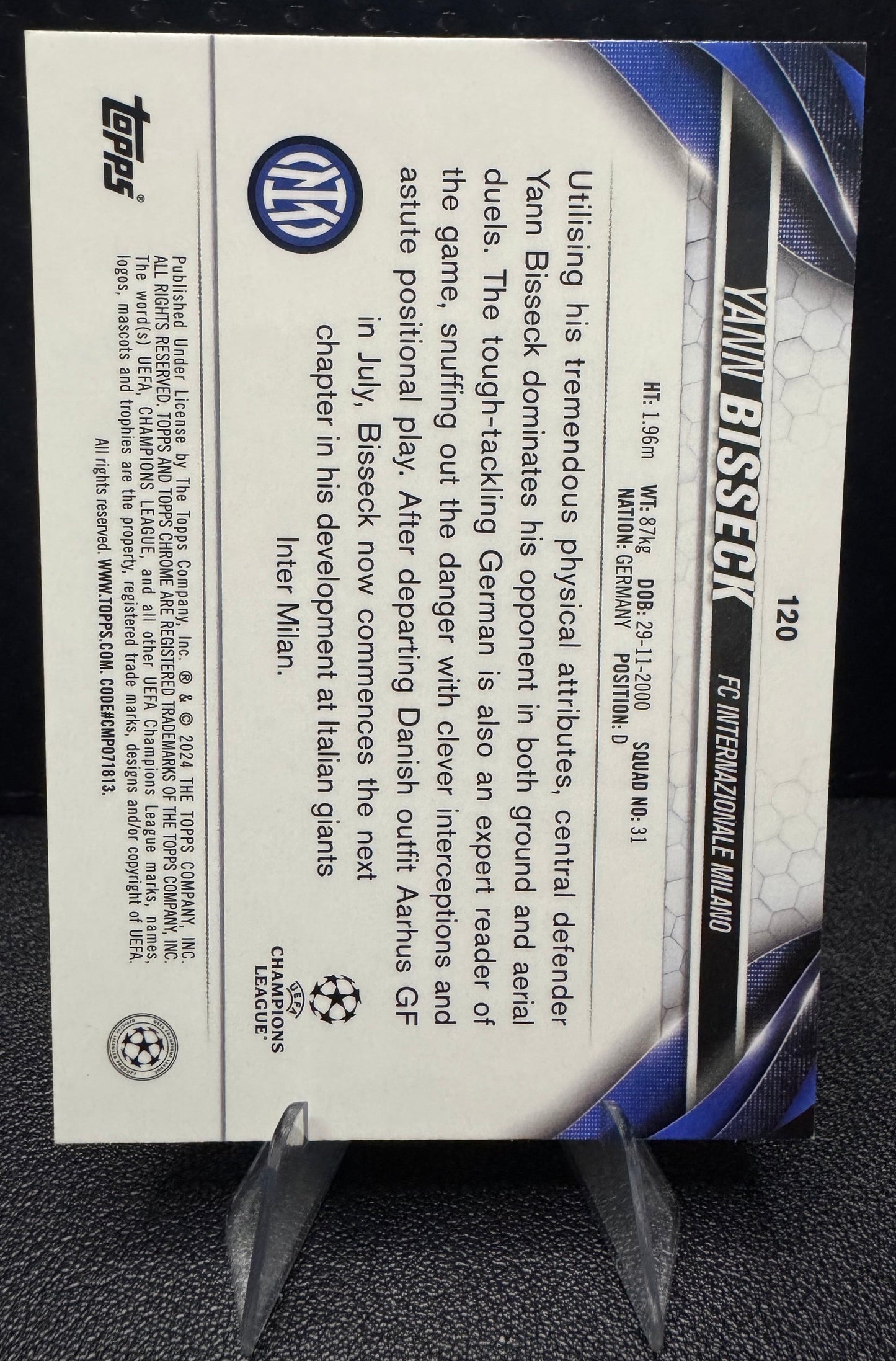 2023 - 24 Topps Chrome UEFA Club Competitions 120 Yann Bisseck Aqua Prism Refractor RC FC Internazionale Milano - 787 Hobby House