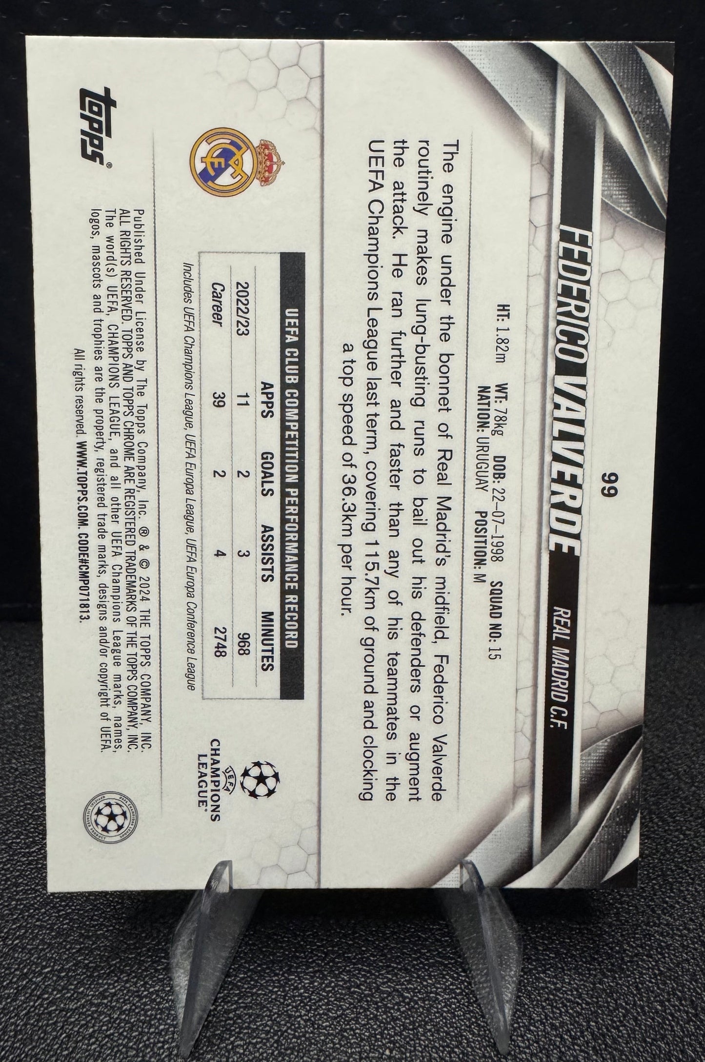 2023 - 24 Topps Chrome UEFA Club Competitions 99 Federico Valverde Aqua Prism Refractor Real Madrid CF - 787 Hobby House