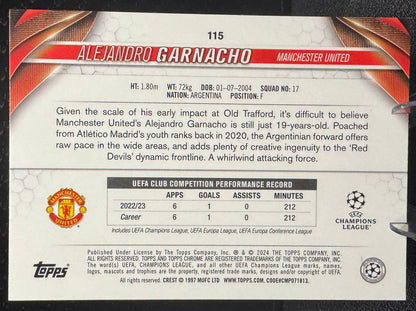 2023-24 Topps Chrome UEFA Club Competitions Future Stars 115 Alejandro Garnacho - 787 Hobby House