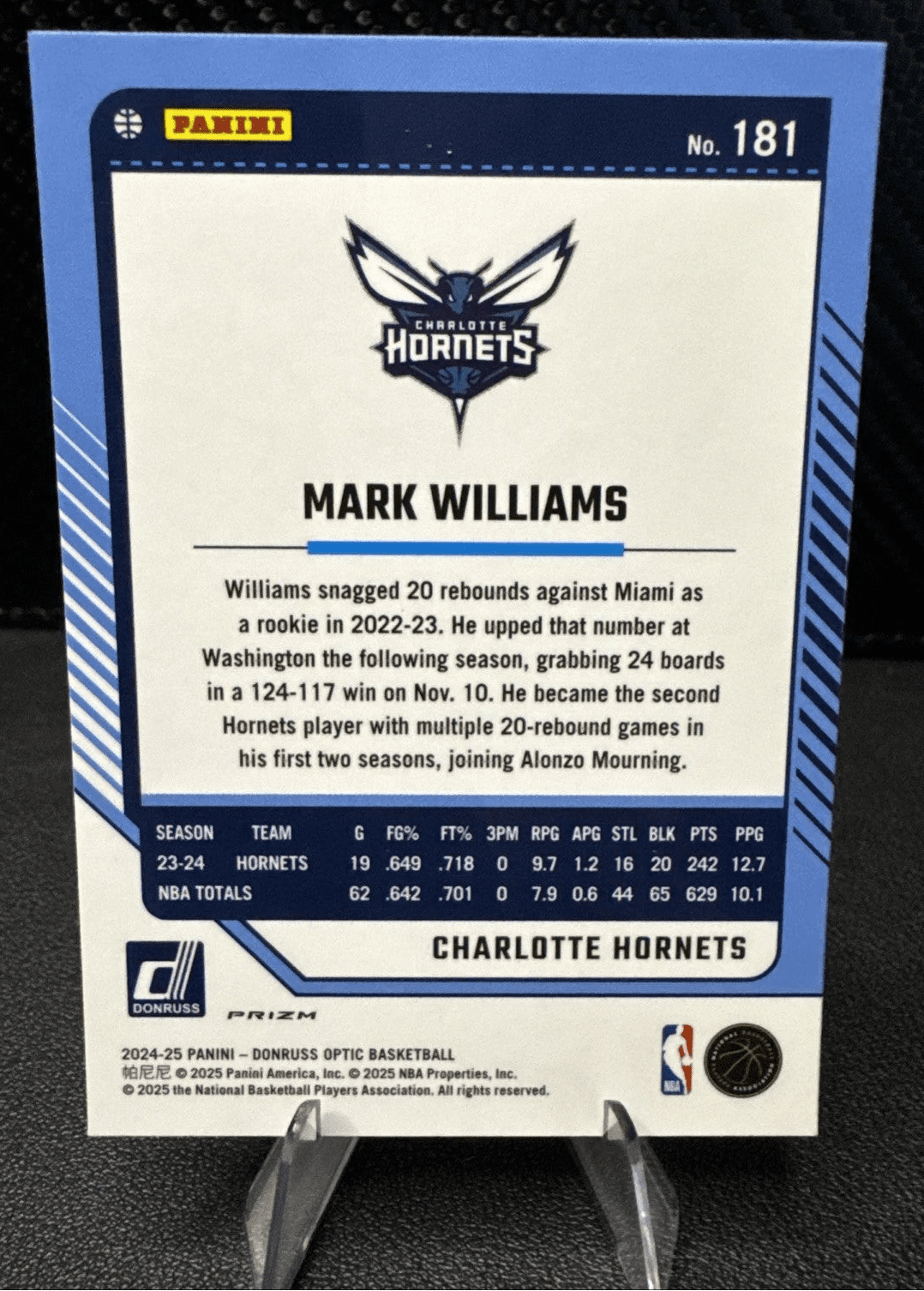 2024 - 25 Donruss Optic Purple Shimmer 181 Mark Williams Charlotte Hornets - 787 Hobby House