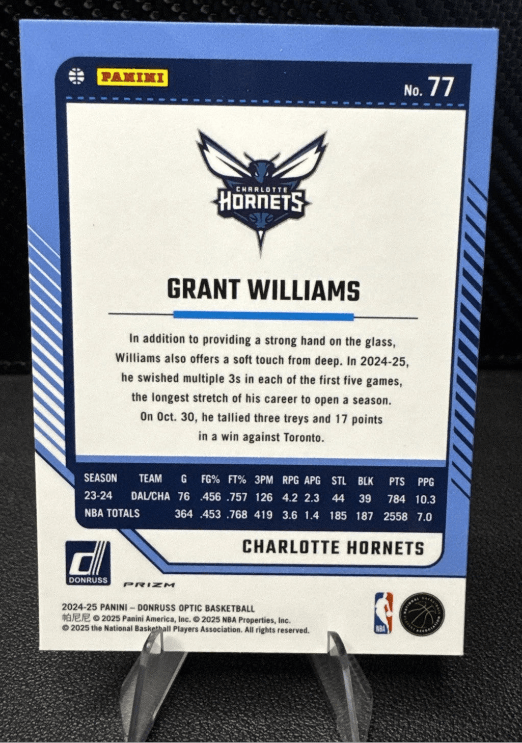 2024 - 25 Donruss Optic Purple Shimmer 77 Grant Williams Charlotte Hornets - 787 Hobby House