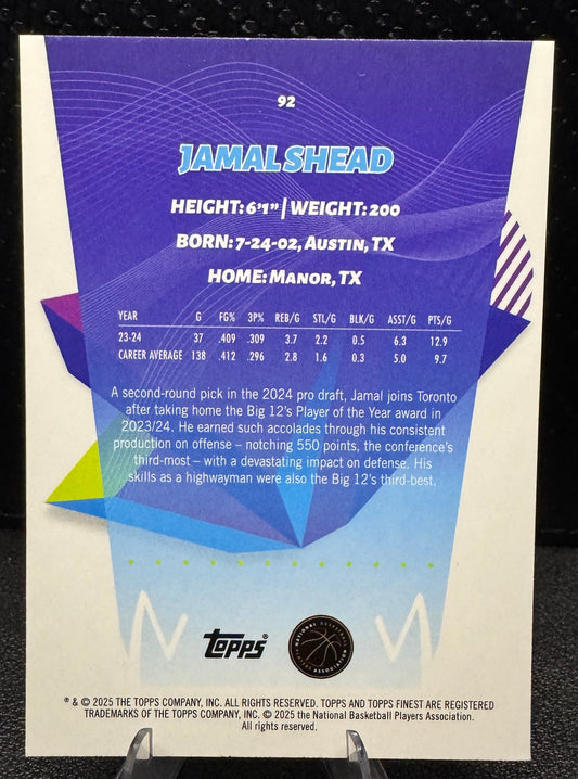 2024 - 25 Finest 92 Jamal Shead RC Toronto Raptors - 787 Hobby House