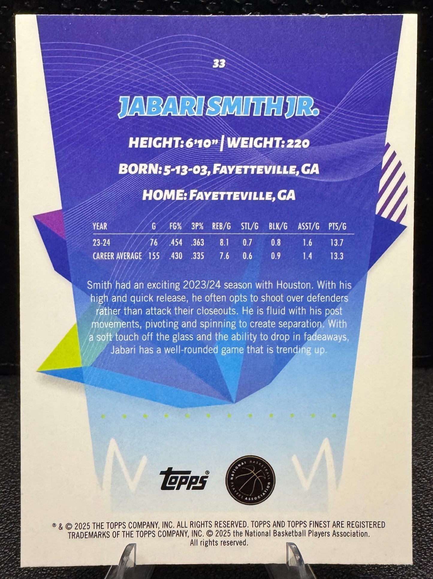 2024 - 25 Finest Sky Blue Refractors 33 Jabari Smith Jr. Houston Rockets - 787 Hobby House