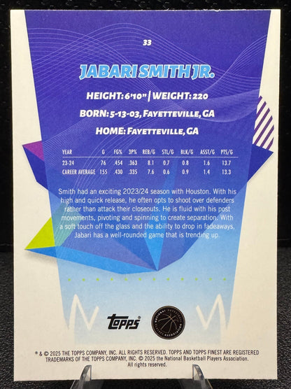 2024 - 25 Finest Sky Blue Refractors 33 Jabari Smith Jr. Houston Rockets - 787 Hobby House