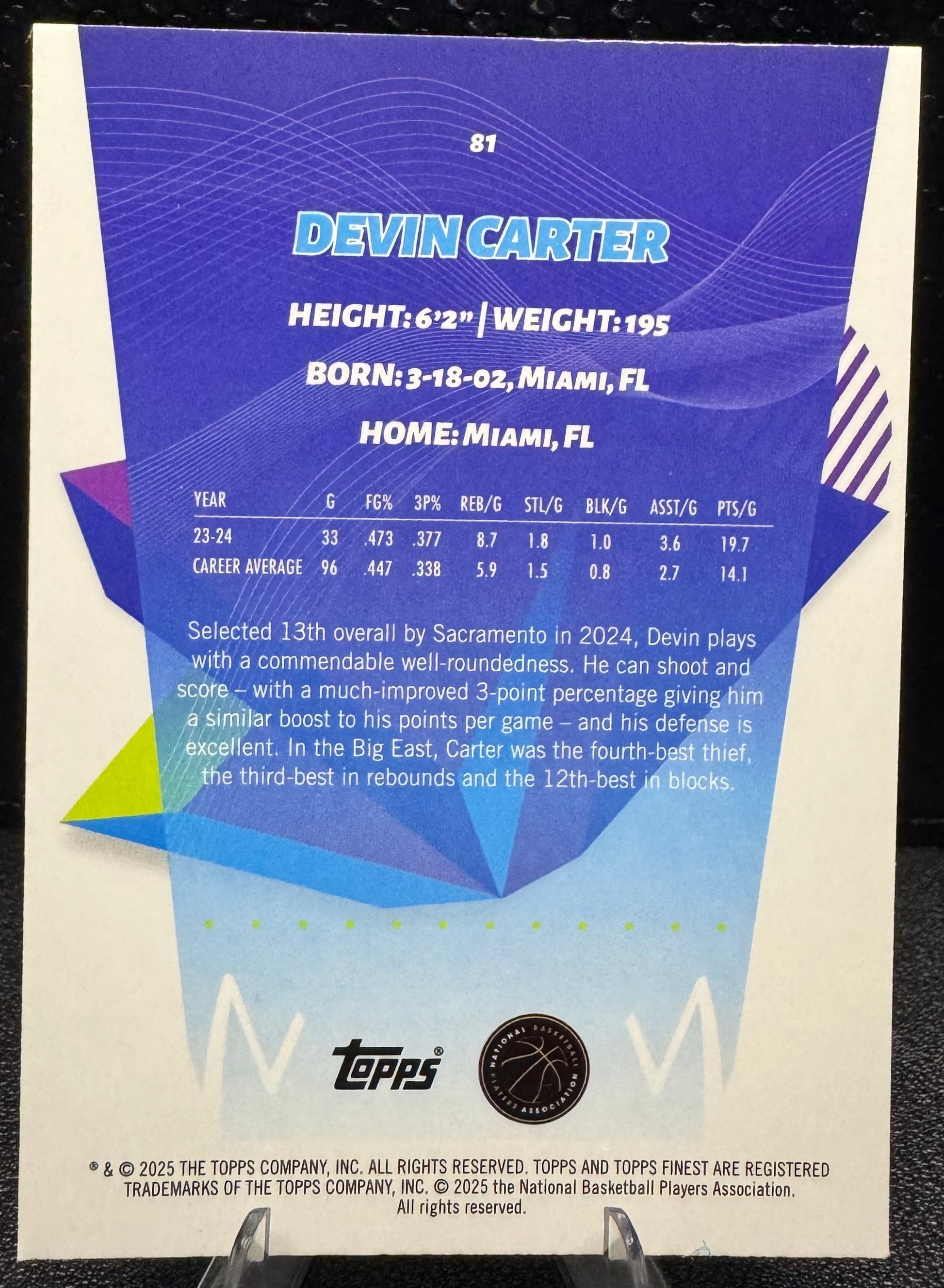 2024 - 25 Finest Sky Blue Refractors 81 Devin Carter Sacramento Kings RC - 787 Hobby House